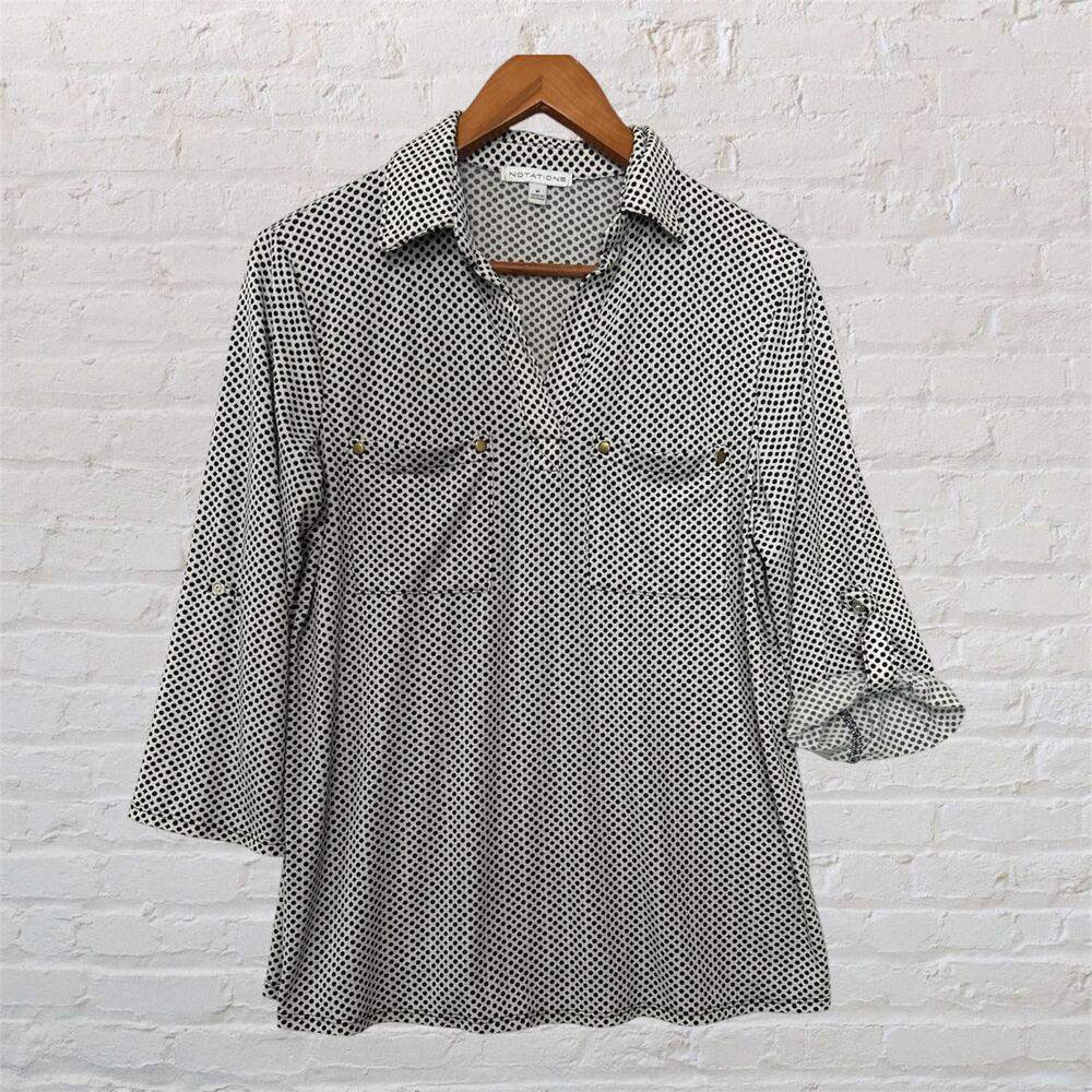 Notations Blouse Black White Geometric Print Button Front Roll Tab Sleeve Medium